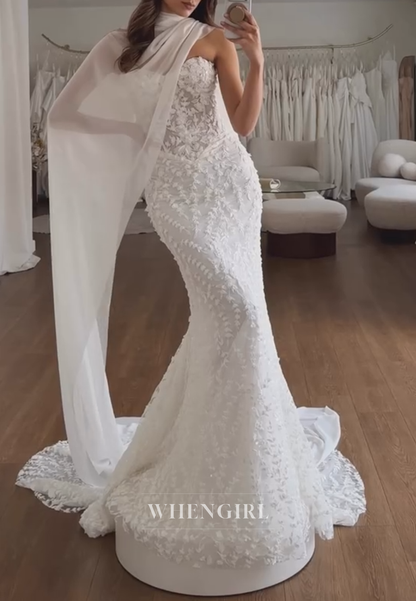 Lace Applique Mermaid Wedding Dress with Cape