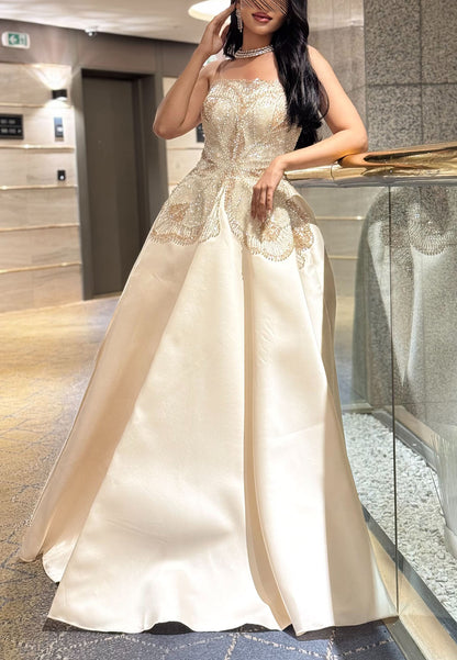 Embellished Bodice Strapless Satin Ball Gown