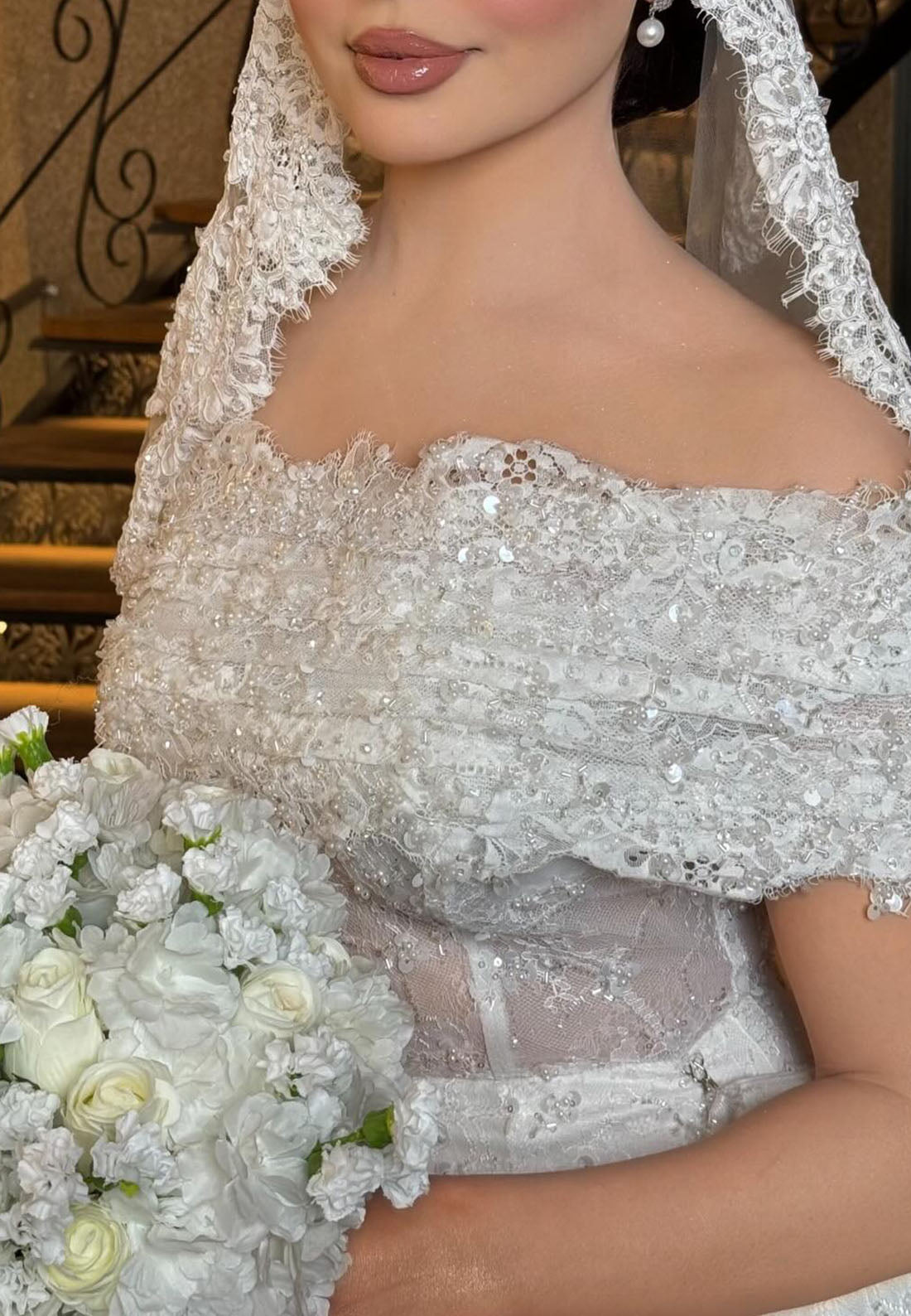 Off-the-Shoulder Beaded Mermaid Wedding Dress