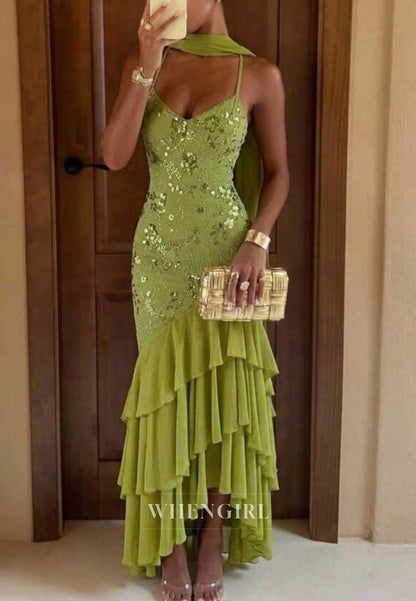 V-Neck Sequin Tiered Ruffle Mermaid Maxi Dress