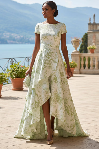 Short Sleeve High-Low A-Line Evening Gown