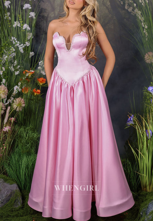 Strapless Satin Ball Gown with Beaded Sweetheart Neckline