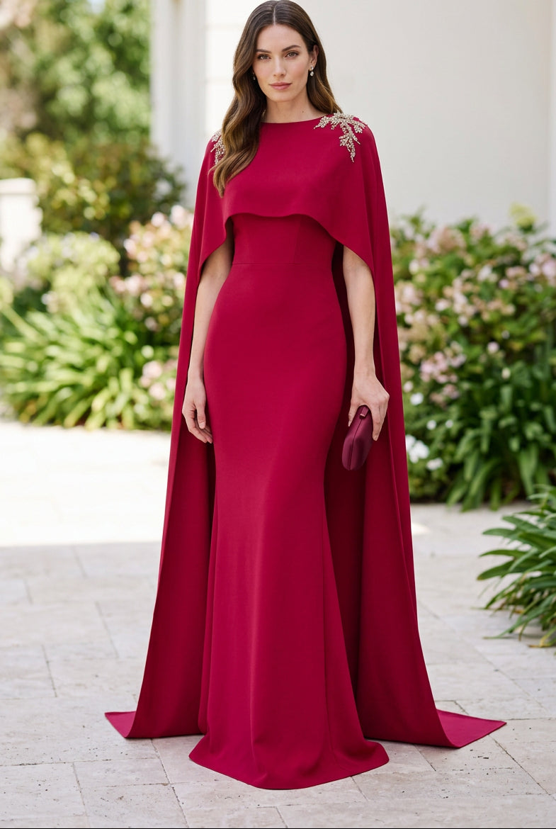 Cape Evening Gown with Beaded Shoulder Detail