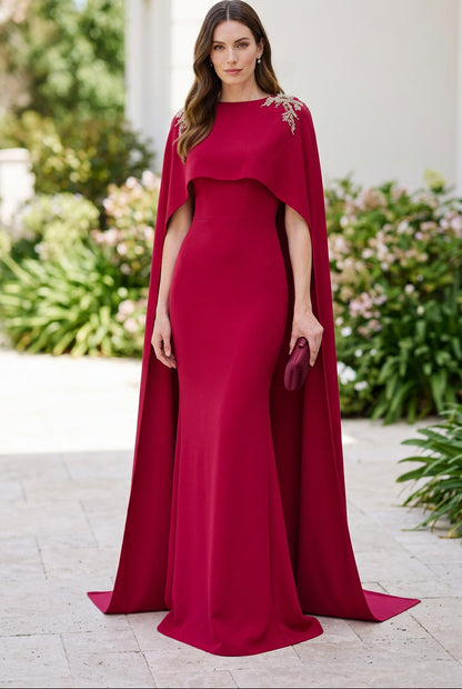 Cape Evening Gown with Beaded Shoulder Detail