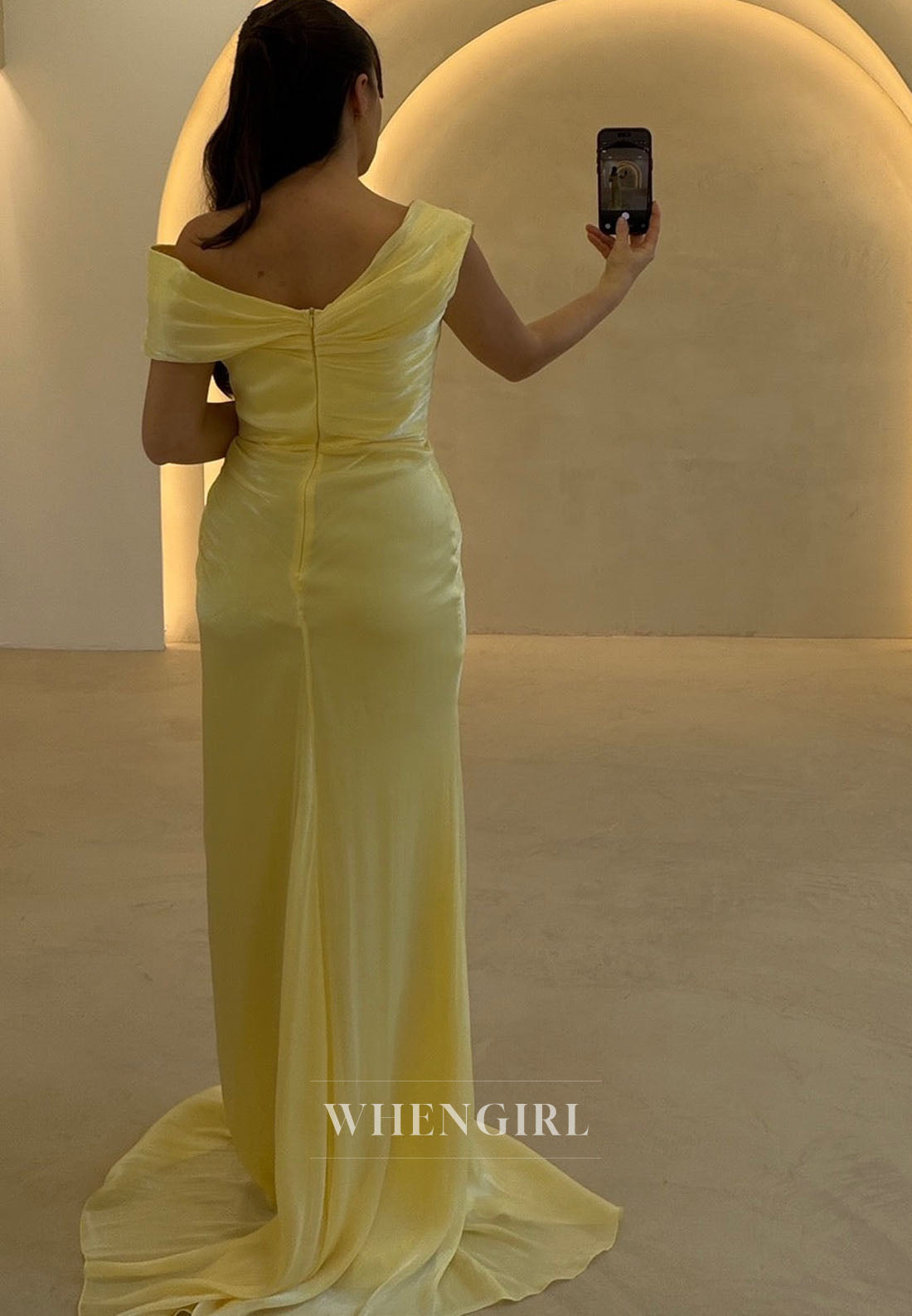 Off-the-Shoulder Ruched Evening Gown with High Slit