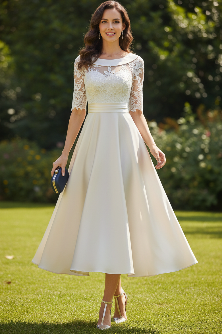 Elegant Lace Half-Sleeve Satin Tea-Length Dress