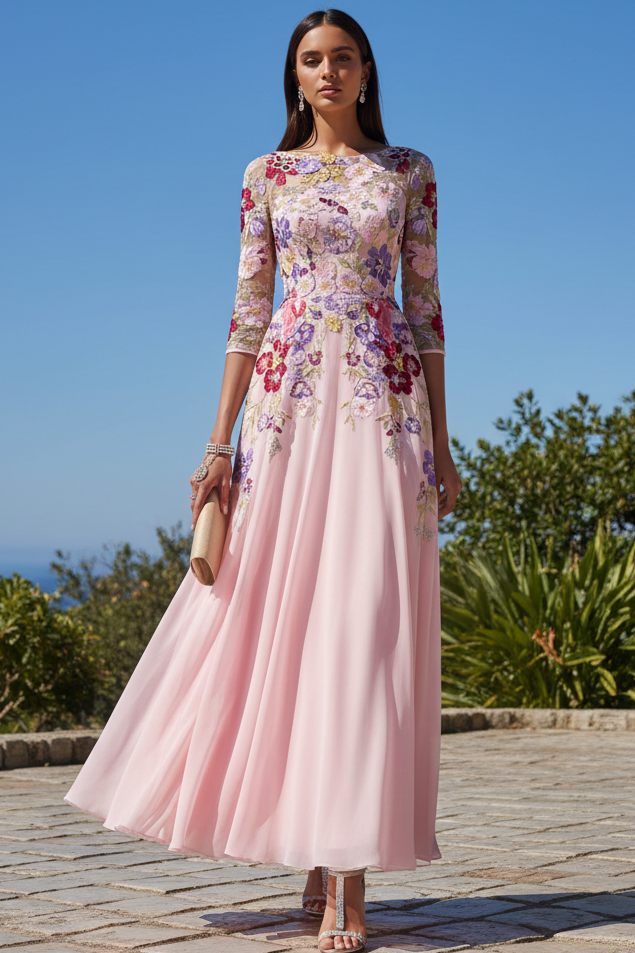 Illusion Floral Embroidered A-Line Gown