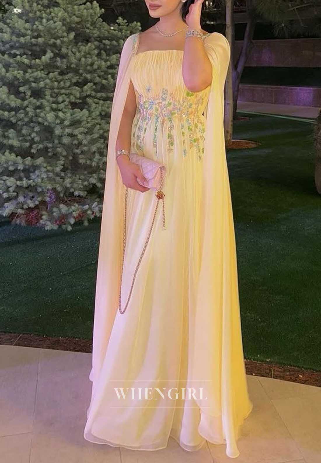 Embroidered Square Neck Cape Chiffon Formal Gown