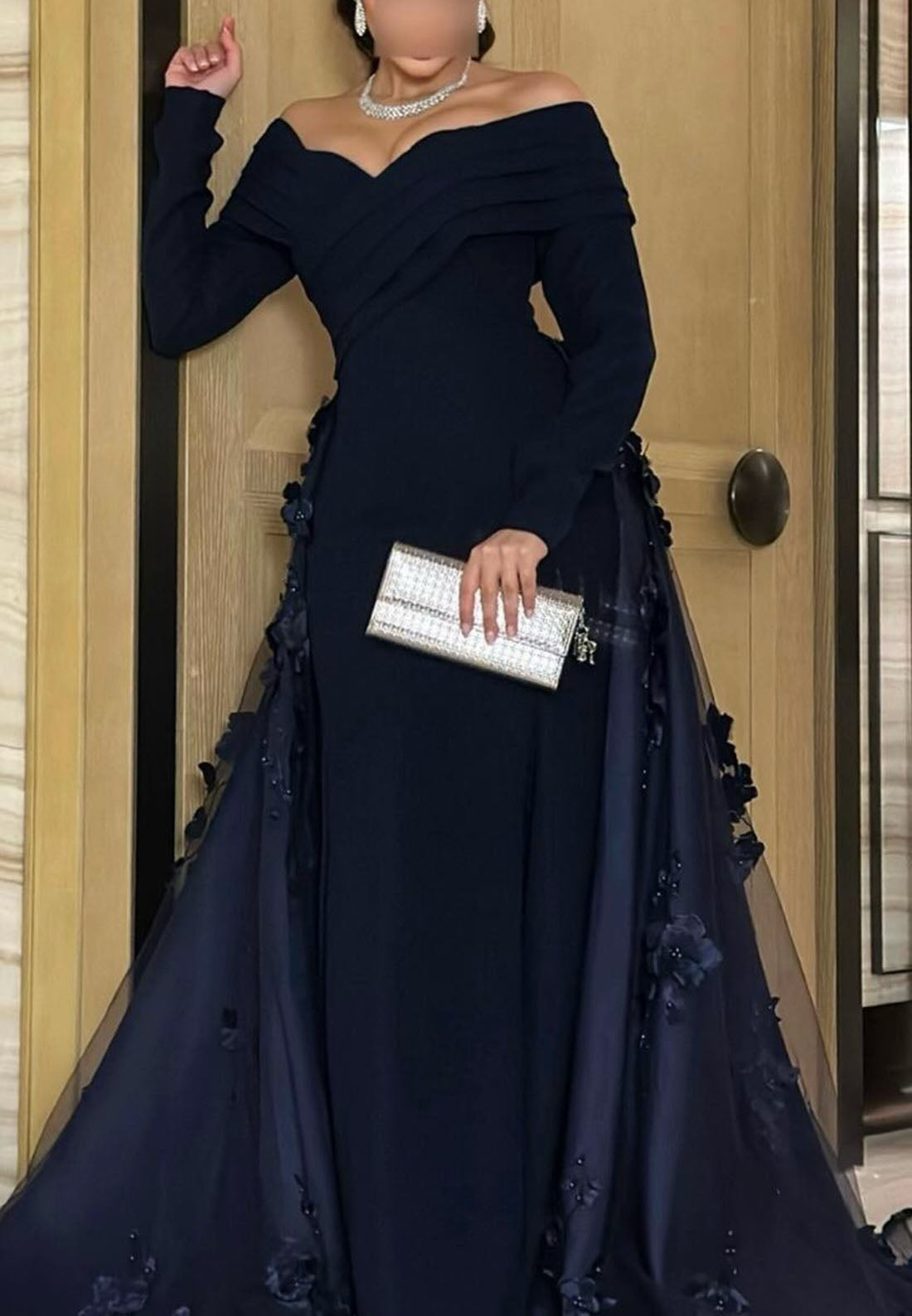 Off-Shoulder Long Sleeve Gown with 3D Florals