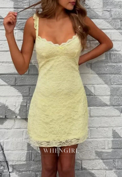 Scalloped Lace Sweetheart Mini Dress with Spaghetti Straps