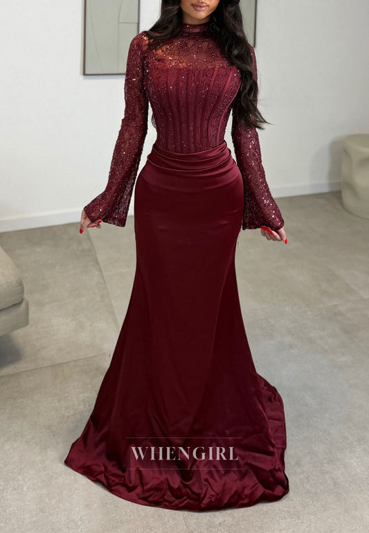 Sequined Long Sleeve Corset Satin Evening Gown