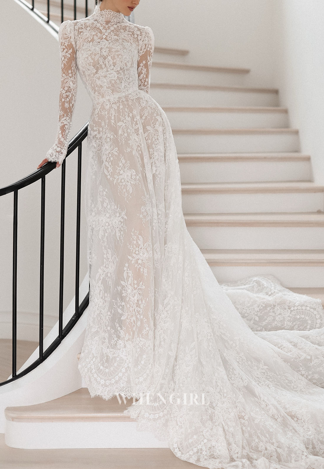 High Neck Lace Wedding Dress with Long Sleeves