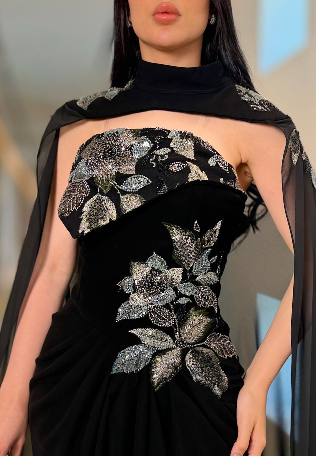 Embroidered Cape Evening Gown with Slit