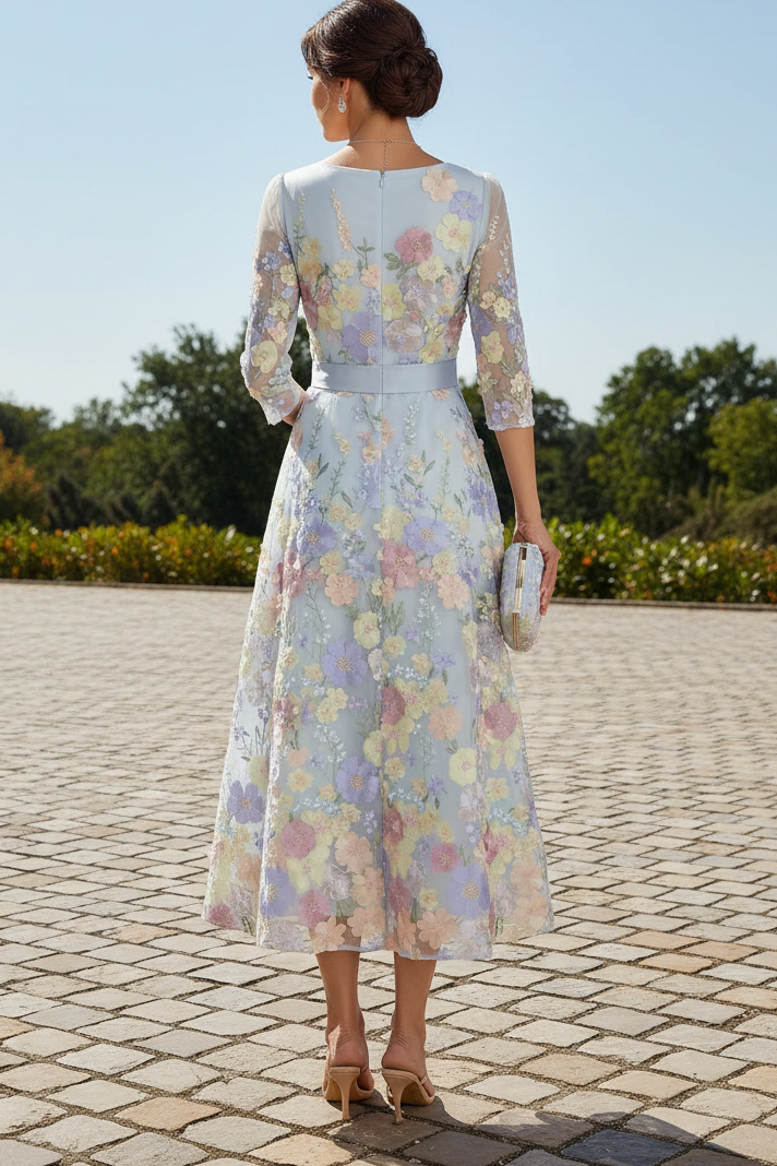Floral Embroidered 3D Applique Tea-Length Dress