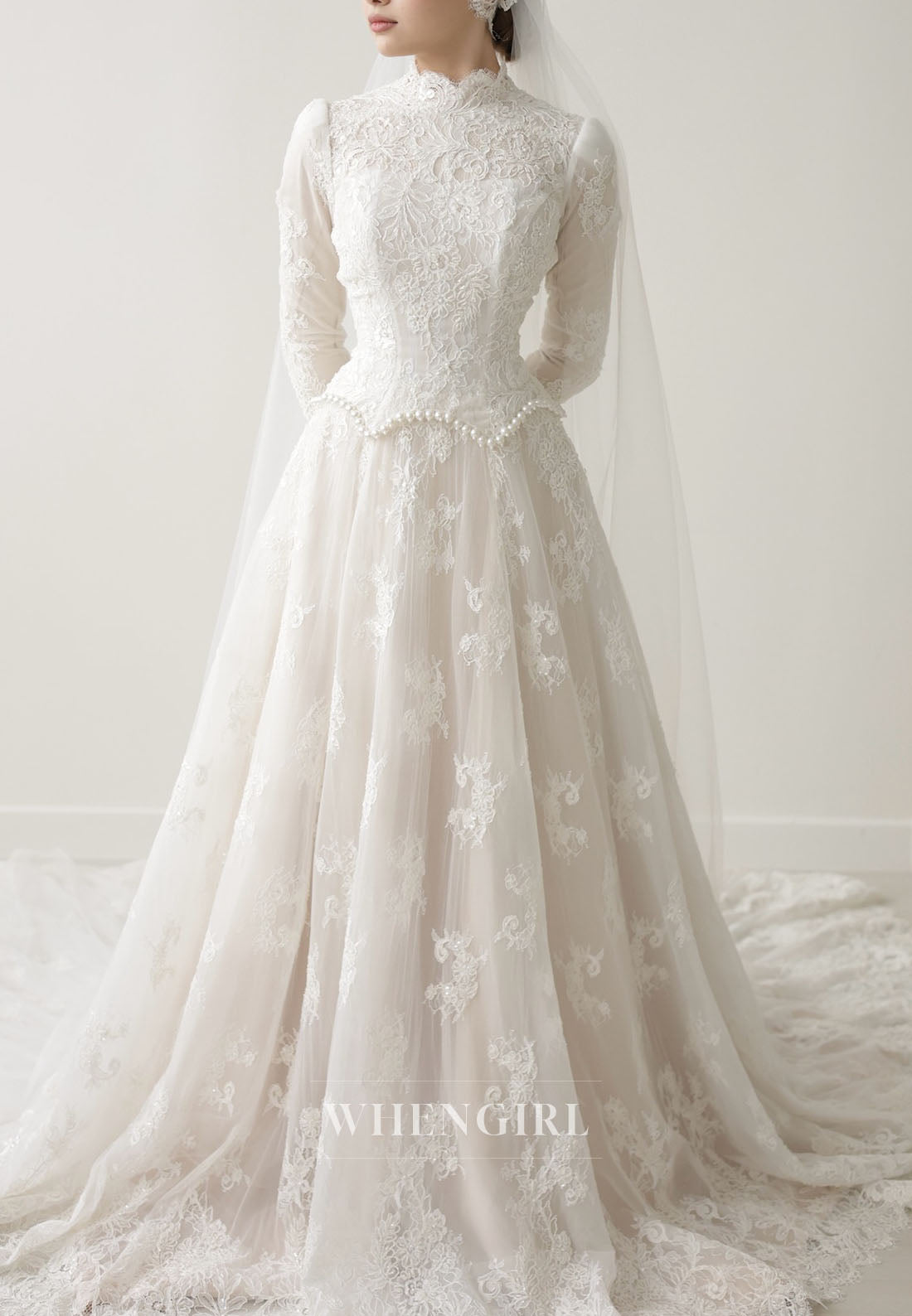 High Neck Lace Wedding Dress with Long Sleeves