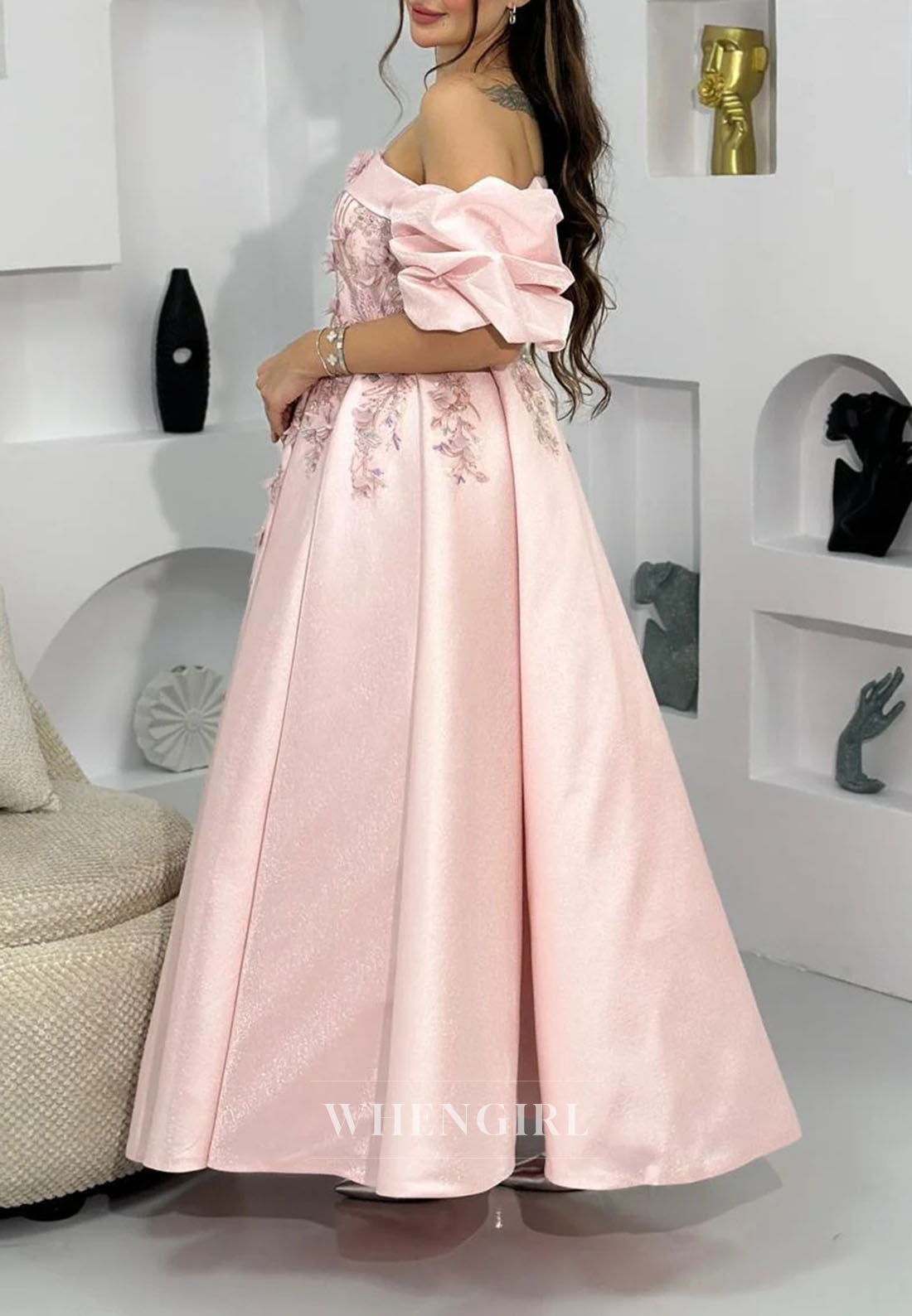 Floral Applique Puff Sleeve Ankle Gown