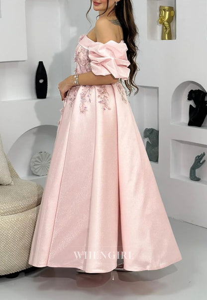 Floral Applique Puff Sleeve Ankle Gown