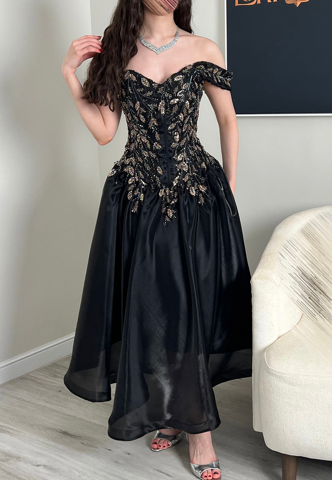 Beaded Corset Off-the-Shoulder Tea-Length Dress