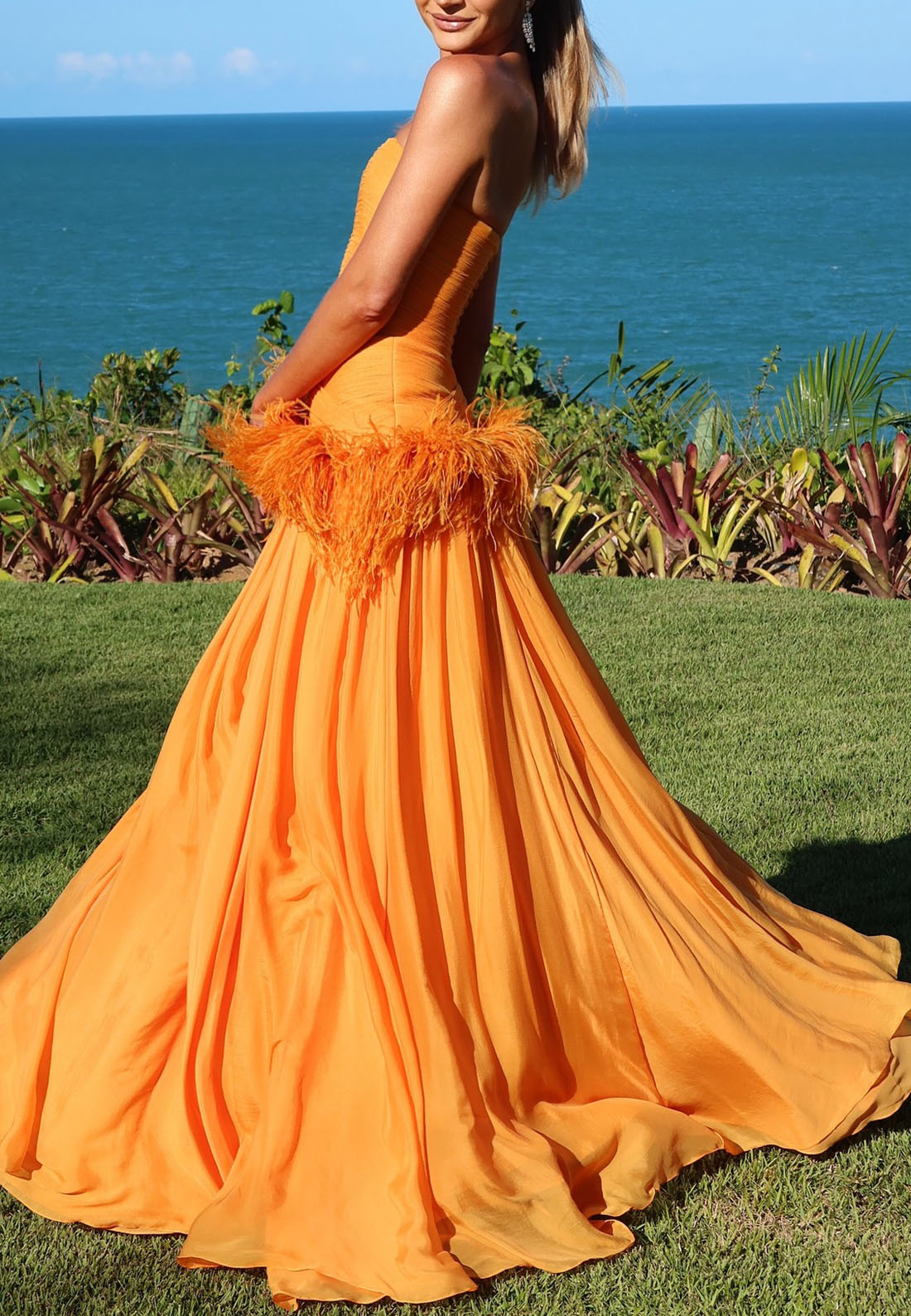 Strapless Ruched Gown with Feather Trim