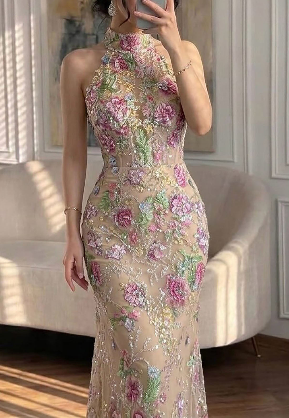 Halter Floral Sequin Mermaid Gown