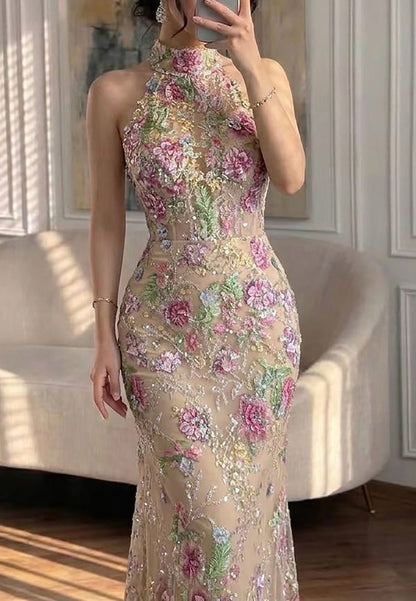 Halter Floral Sequin Mermaid Gown