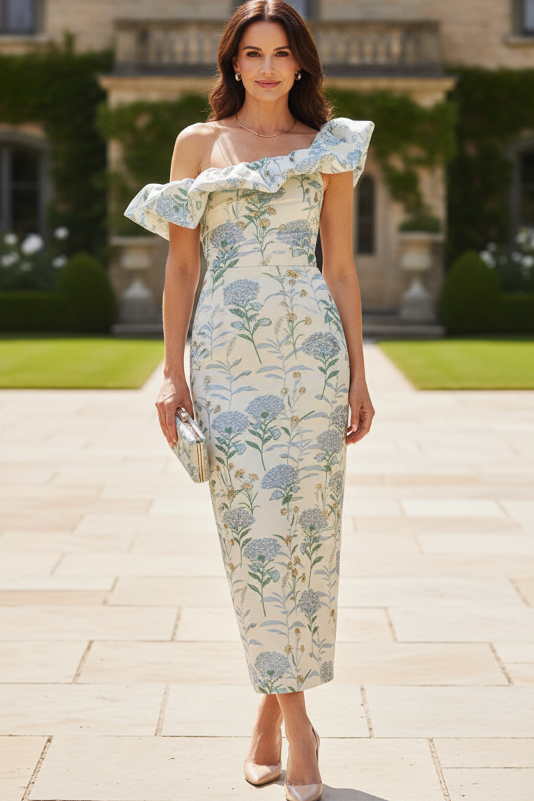 One-Shoulder Ruffle Floral Sheath Dress