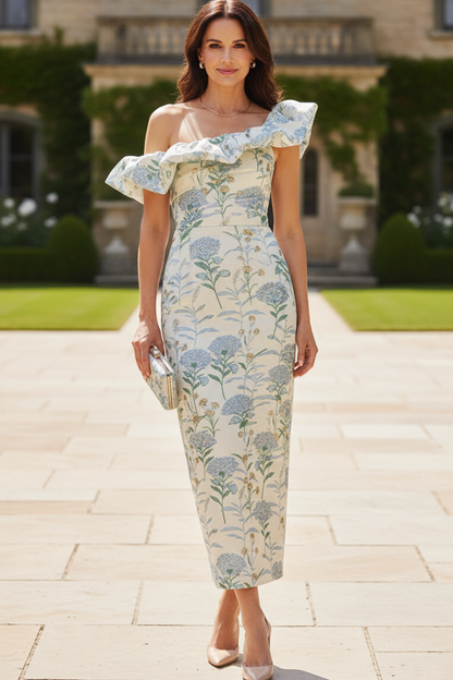 One-Shoulder Ruffle Floral Sheath Dress
