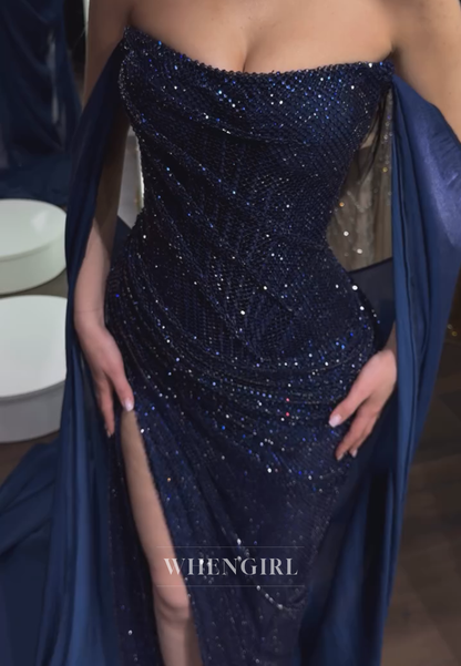 Strapless Sequin Column Gown with Draped Cape