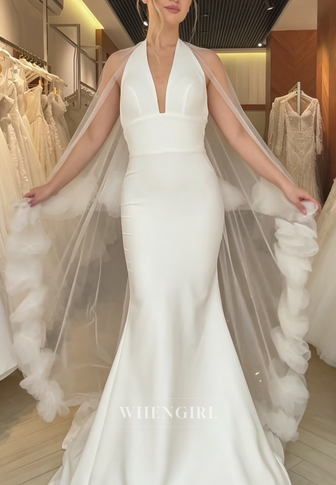Halter Deep V Mermaid Wedding Dress with Ruffle Cape