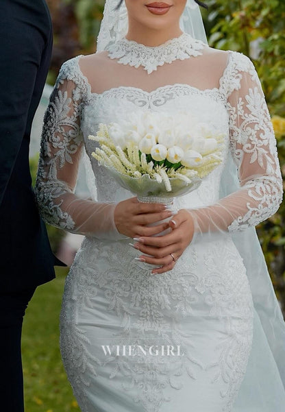 High Neck Illusion Lace Mermaid Wedding Dress