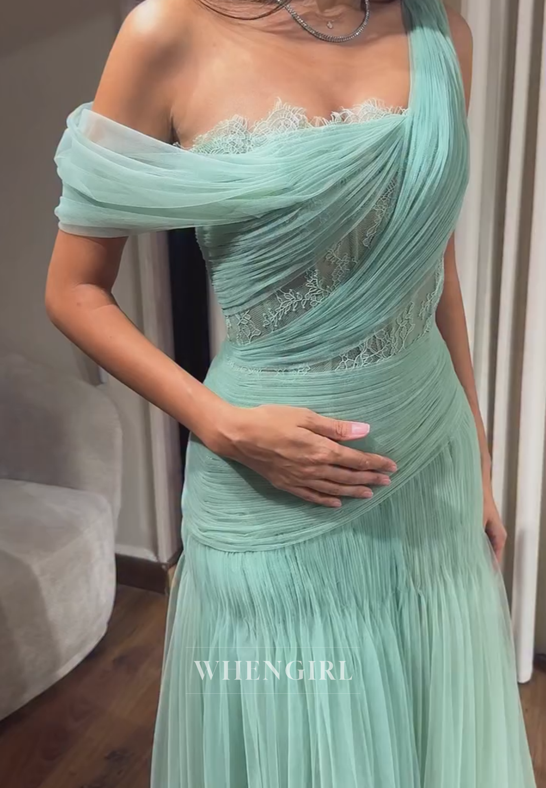 One-Shoulder Ruched Tulle Gown with Lace Inset
