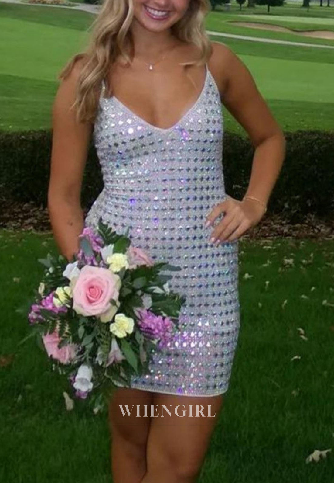 Rhinestone Embellished V-Neck Mini Dress