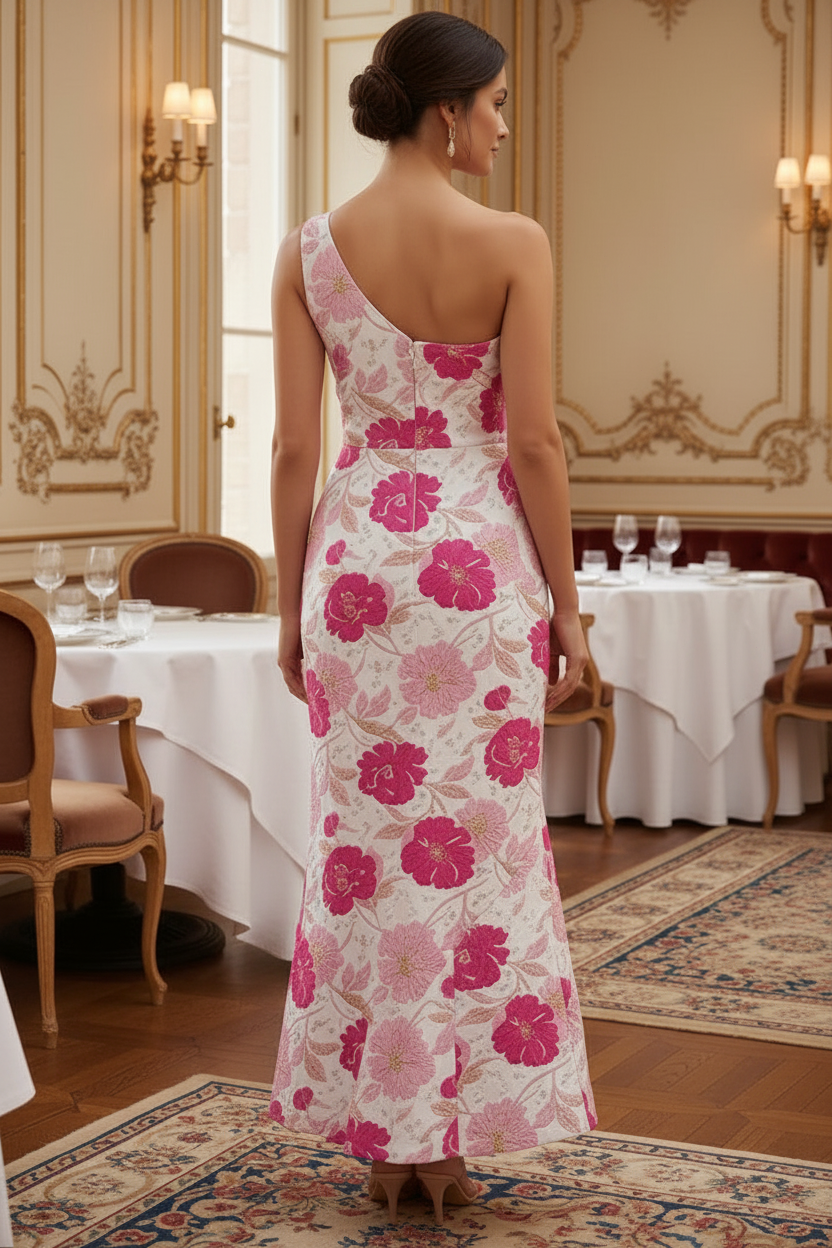 Floral Jacquard One-Shoulder Ruffle Gown