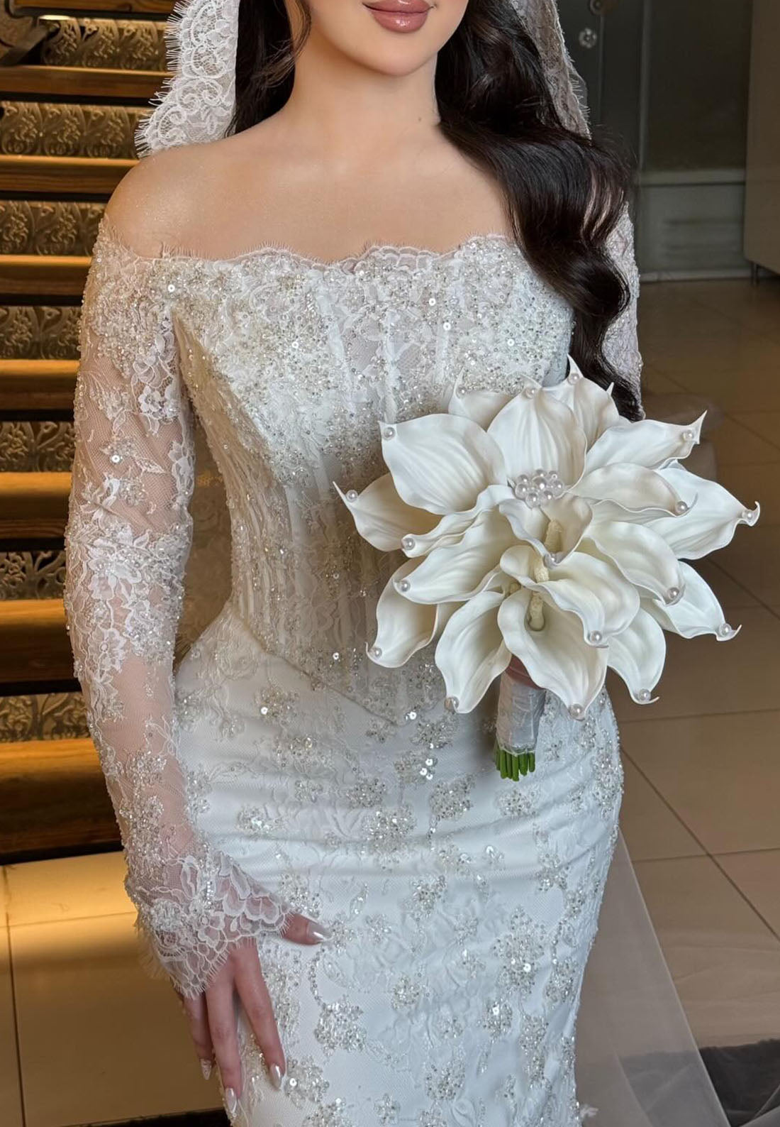 Off-the-Shoulder Beaded Lace Mermaid Bridal Gown