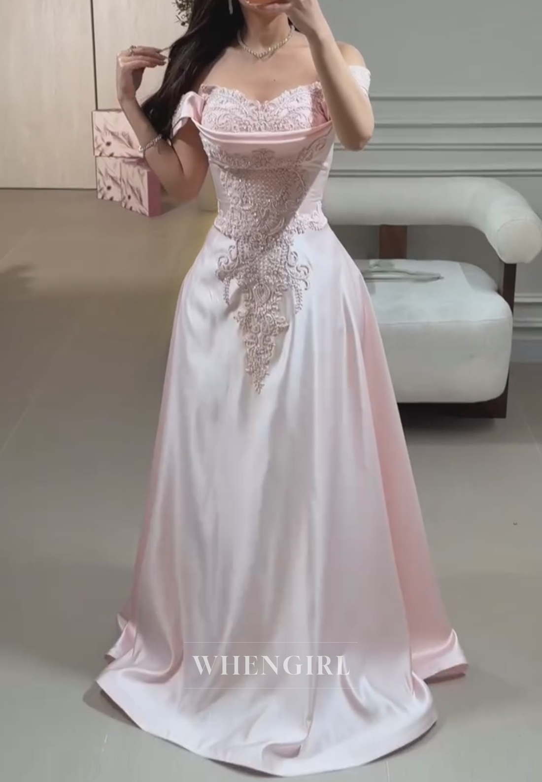 Embroidered Off-The-Shoulder Satin A-Line Gown