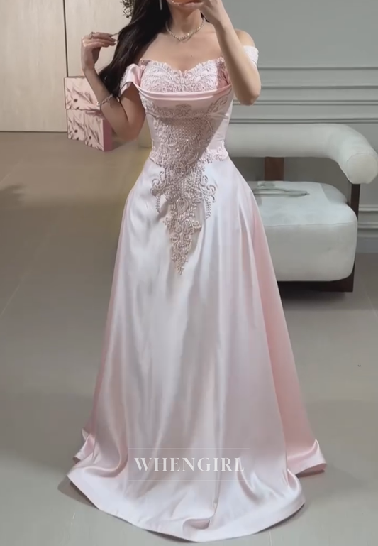 Embroidered Off-The-Shoulder Satin A-Line Gown