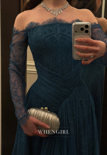 Off-the-Shoulder Lace Gown with Pleated Bodice