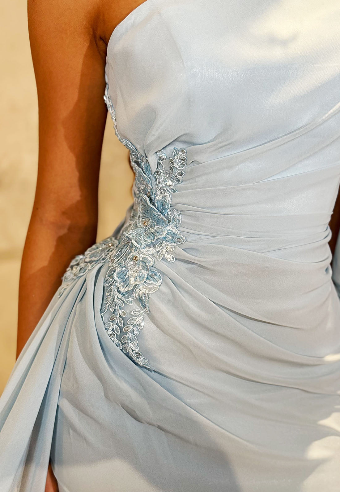 One-Shoulder Ruched Gown with Lantern Sleeve