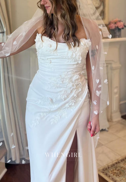 Strapless 3D Floral Ruched Wedding Dress with Slit