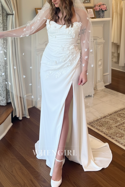 Strapless 3D Floral Ruched Wedding Dress with Slit