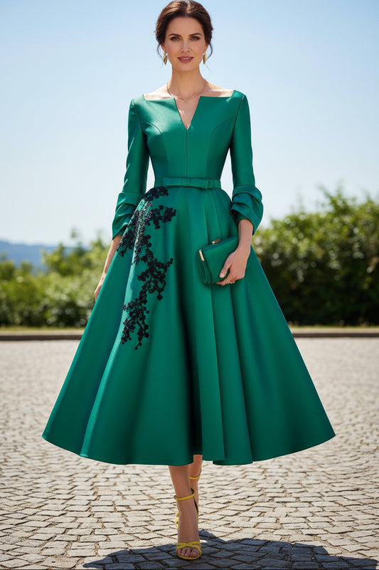 Bateau Neck Satin A-Line Midi Dress with Appliques