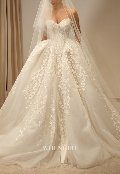 Strapless Floral Lace Applique Ball Gown Wedding Dress