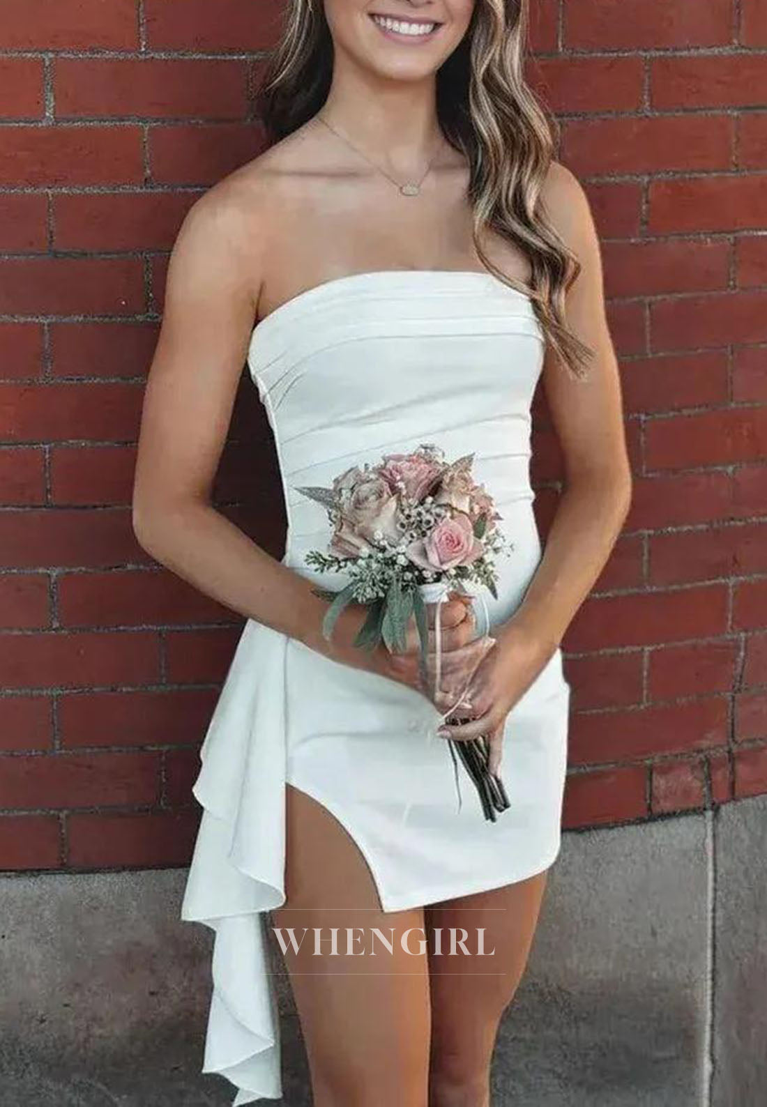 Strapless Ruched Bodycon Mini Dress with Side Draped Ruffle