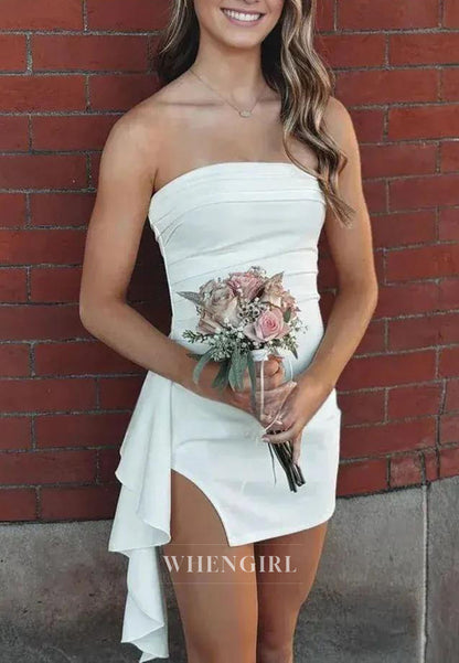 Strapless Ruched Bodycon Mini Dress with Side Draped Ruffle