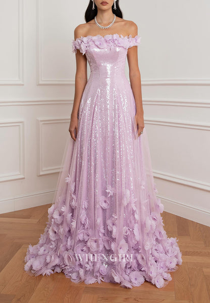 Sequin Off-the-Shoulder 3D Floral Gown