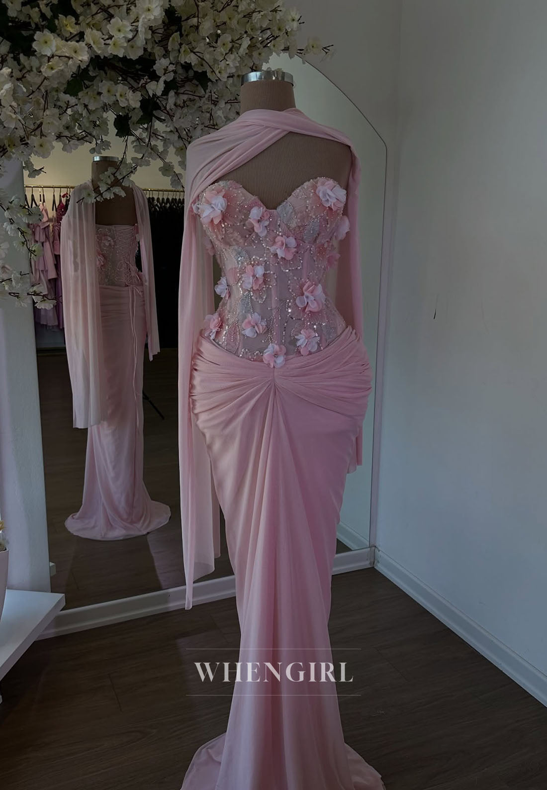 Floral Corset Sheath Gown with Cape Drape