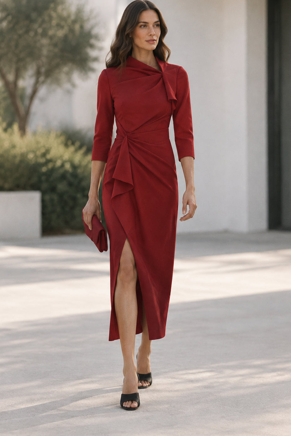 Draped Cowl Midi Dress with Front Slit