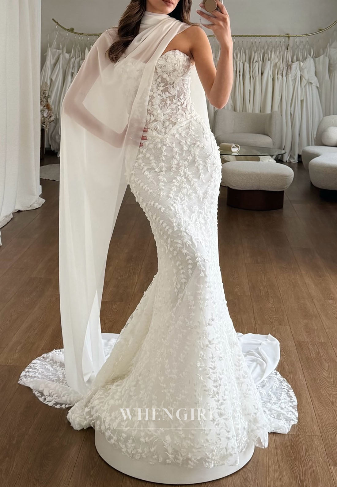 Lace Applique Mermaid Wedding Dress with Cape