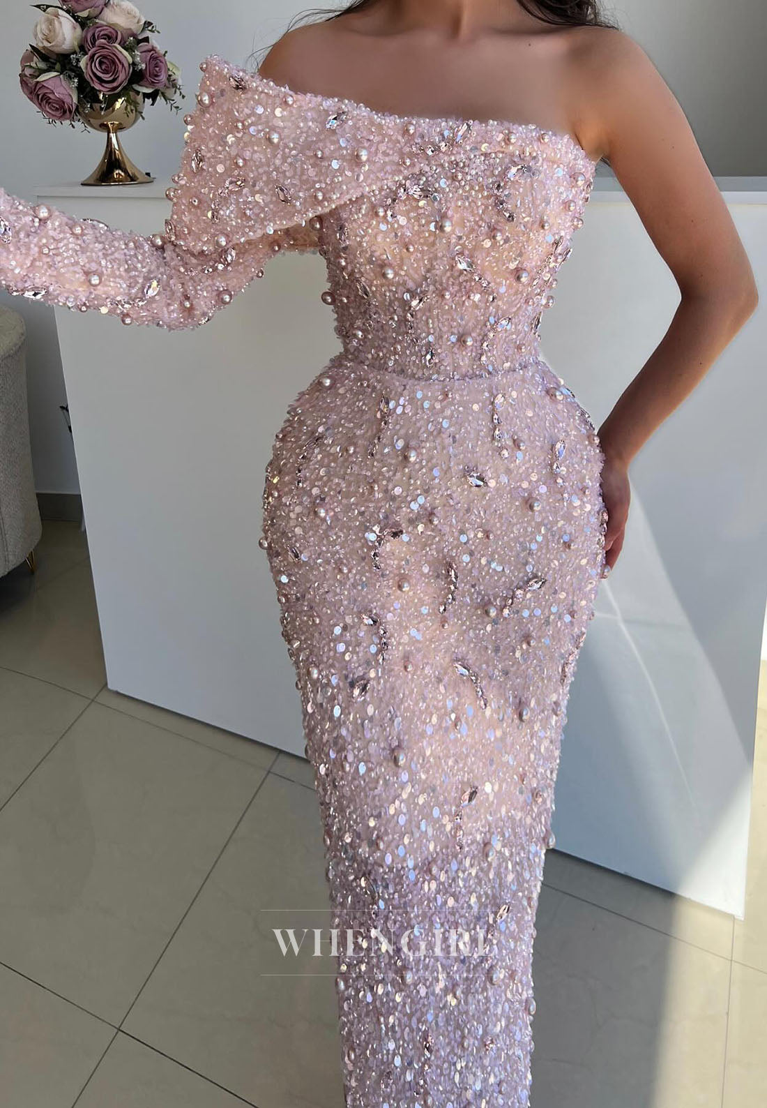 One-Shoulder Pearl Beaded Evening Gown with Long Sleeve