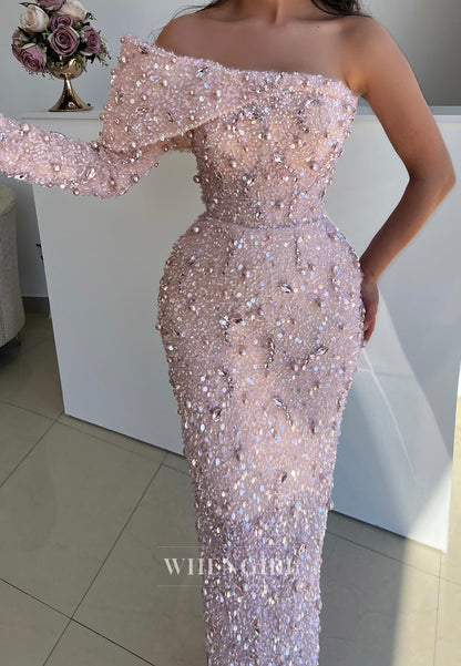 One-Shoulder Pearl Beaded Evening Gown with Long Sleeve